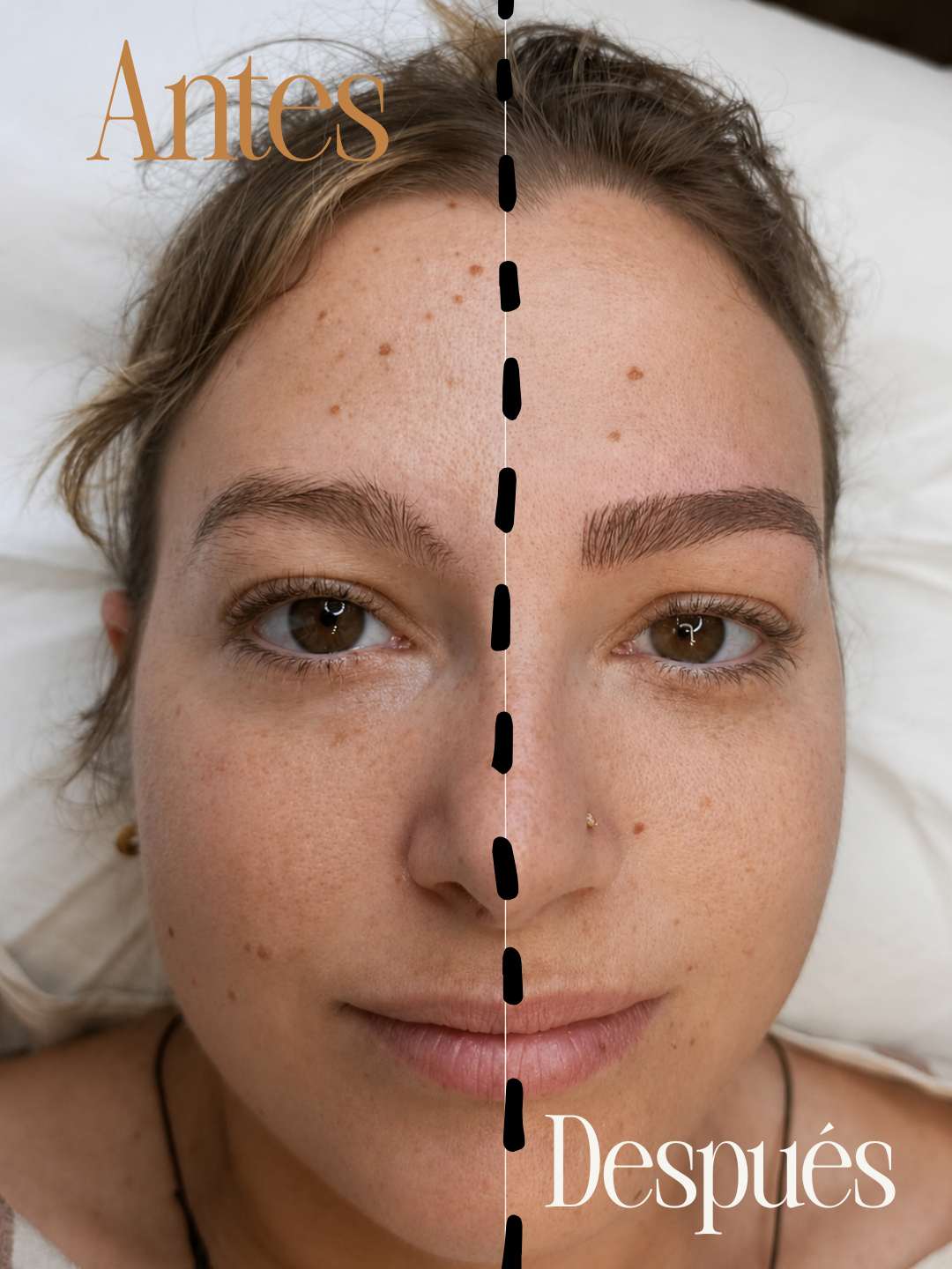 Comparativa antes y después de microblading de cejas pelo a pelo en León, transformación real de Anna Cherkasova